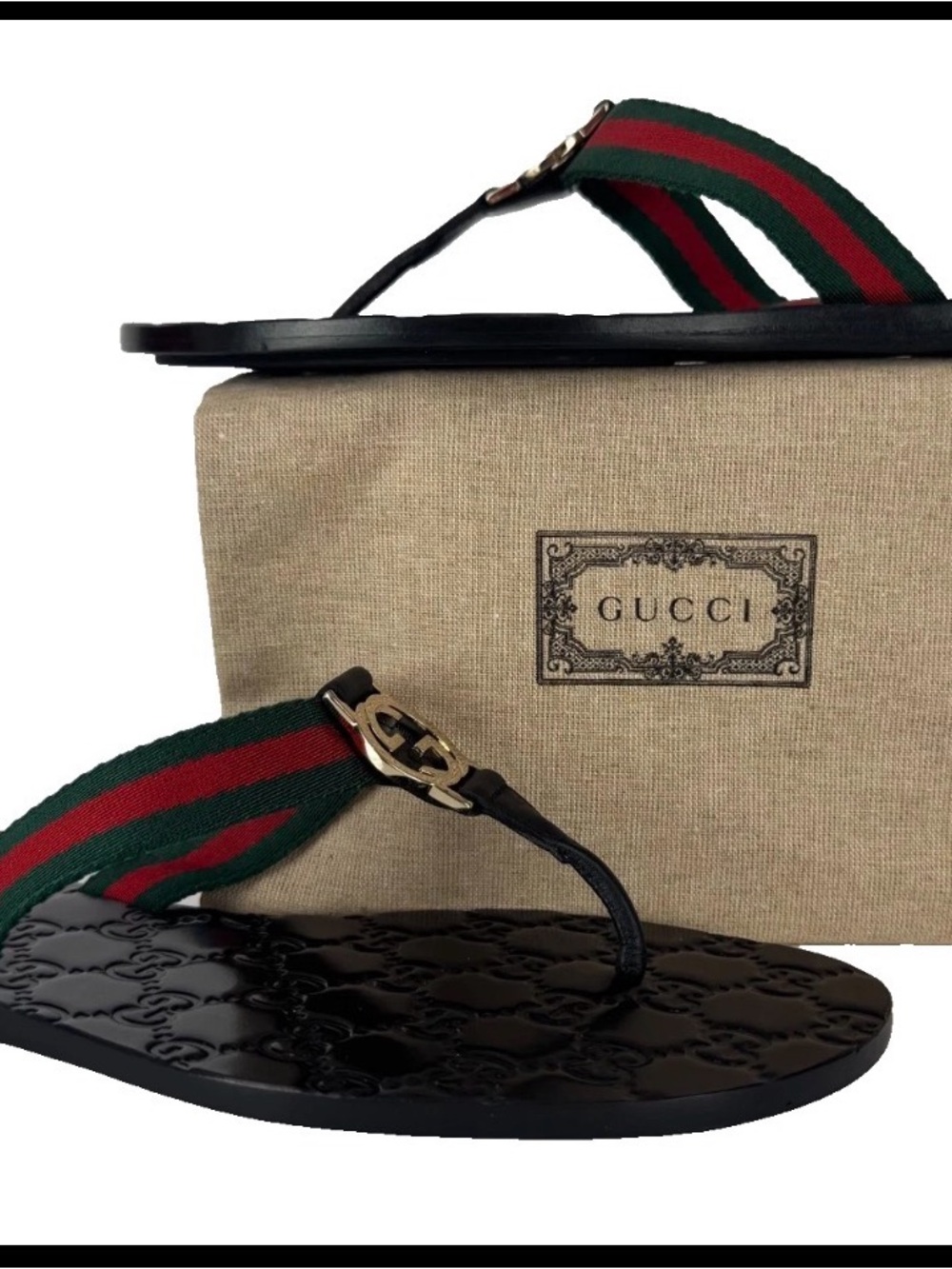 Gucci Black Leather Thong Sandals with Red and Green Web and Gold GG - Picture 4 of 15